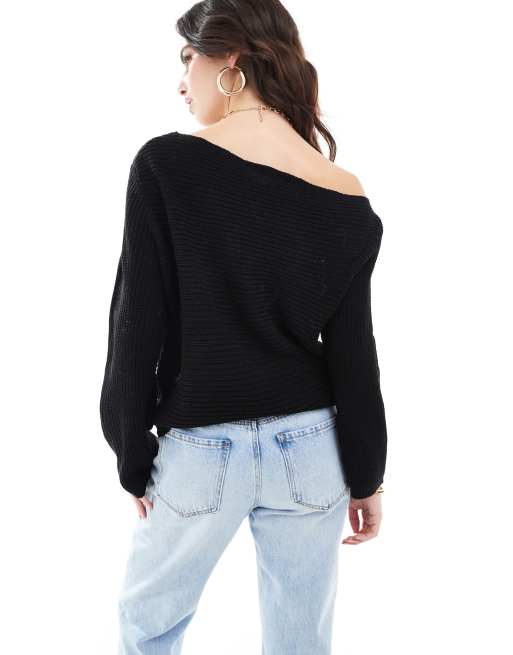 ASOS DESIGN knitted slouch one shoulder jumper in black ASOS