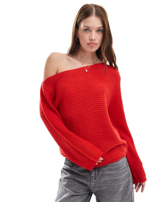 ASOS DESIGN knitted slouch one shoulder jumper in red