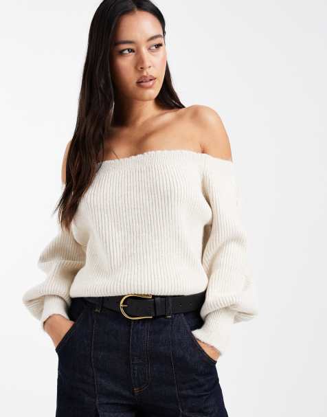 ASOS DESIGN knitted slouchy bardot jumper in ecru - view 1