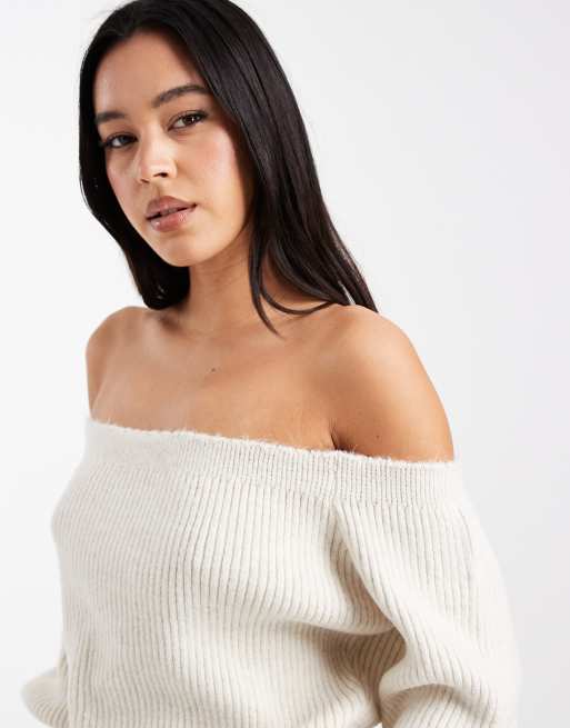 ASOS DESIGN knitted slouchy bardot jumper in ecru, 3 of 4