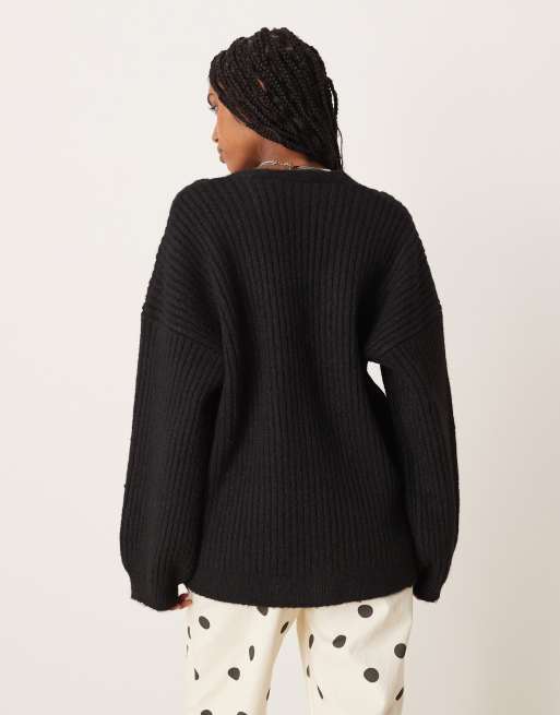 ASOS DESIGN knitted slouchy cardigan with chunky rib with wool look in black, 4 of 4