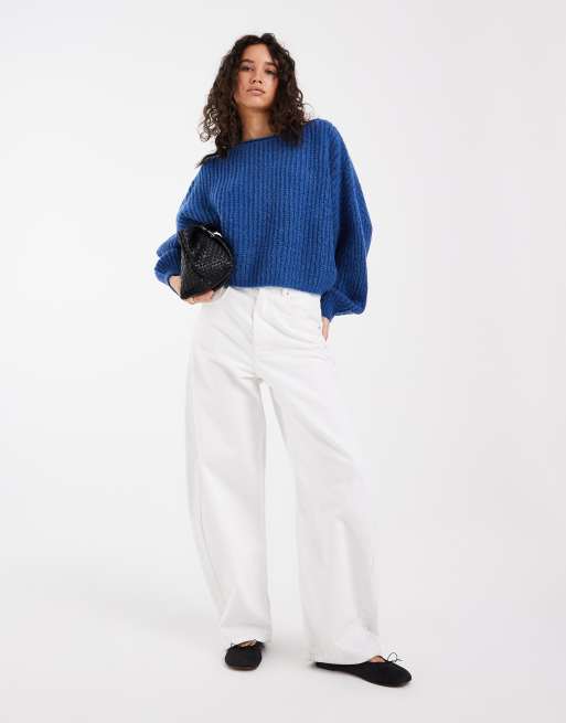 ASOS DESIGN knitted slouchy off shoulder jumper in cobalt blue, 2 of 4