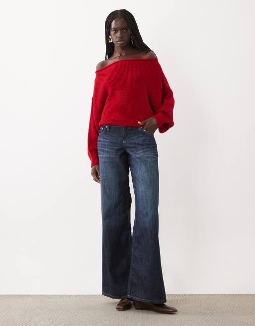 ASOS DESIGN knitted slouchy off shoulder jumper in red, 2 of 4