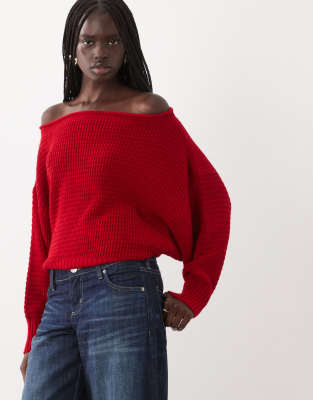 Asos Design Knitted Slouchy Off Shoulder Sweater In Red