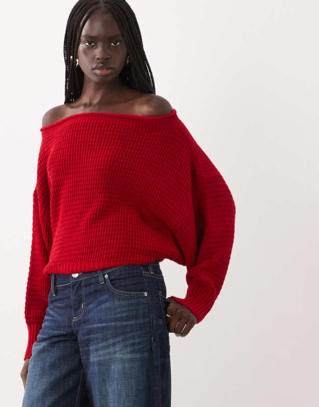 ASOS DESIGN knitted slouchy off shoulder sweater in red