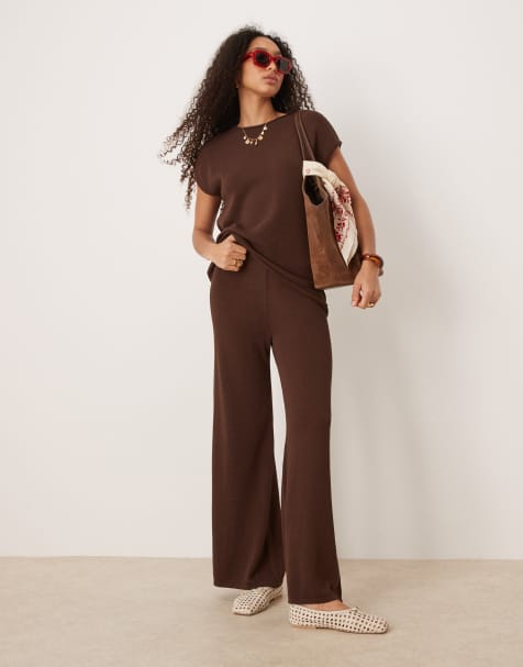 ASOS DESIGN knitted slub trouser co-ord in chocolate - view 1