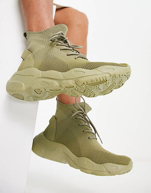 ASOS DESIGN knitted sock sneakers with laces in khaki | ASOS