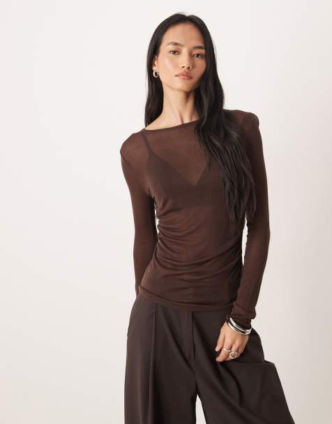 ASOS DESIGN knitted soft touch ruched side top in chocolate