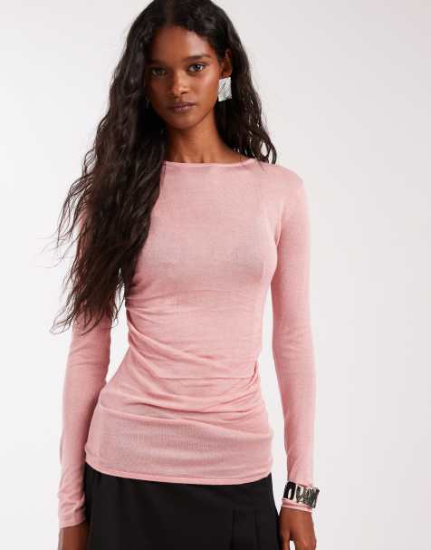 ASOS DESIGN knitted soft touch ruched side top in pink - view 1