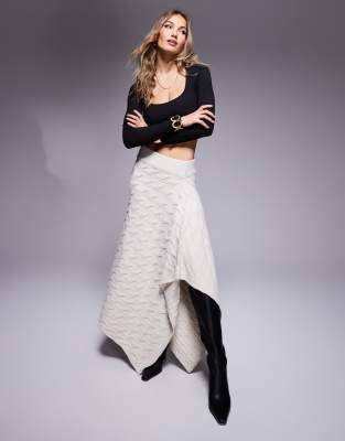 knitted spliced cable knit maxi skirt in ecru-White