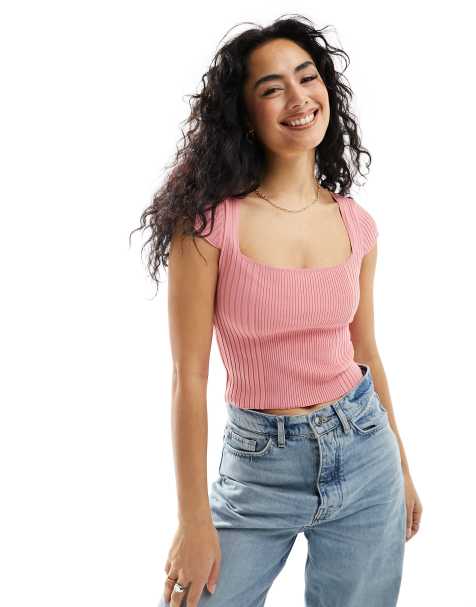 ASOS DESIGN knitted square neck fitted cap sleeve top in pink - view 1