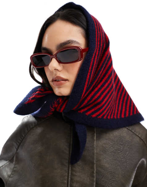 ASOS DESIGN knitted square neck head scarf in navy and red stripe - view 1