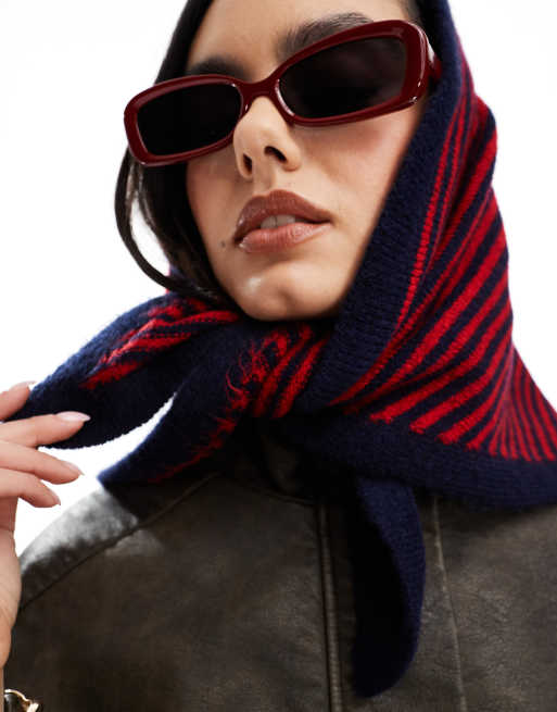 ASOS DESIGN knitted square neck head scarf in navy and red stripe