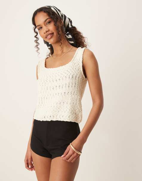 ASOS DESIGN knitted square neck singlet in textured yarn in cream - view 1