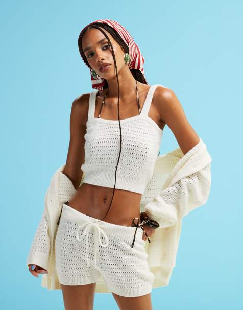 ASOS DESIGN knitted stitch bralette co-ord in cream