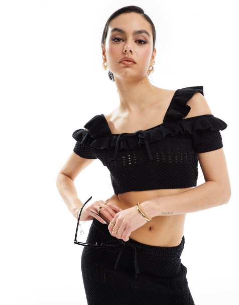 ASOS DESIGN knitted stitch cami top with tie detail co-ord in black - view 1