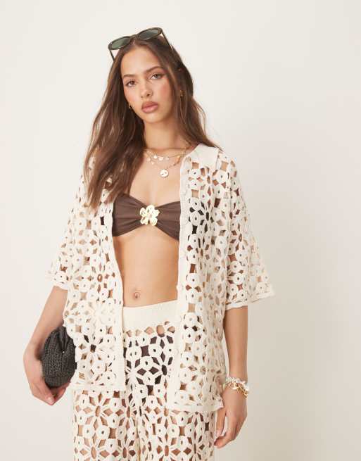 ASOS DESIGN knitted stitch collar shirt co-ord in cream