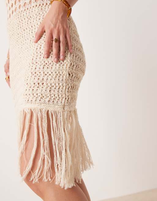 ASOS DESIGN knitted stitch crochet mini dress with fringe detail in stone - STONE, 2 of 4