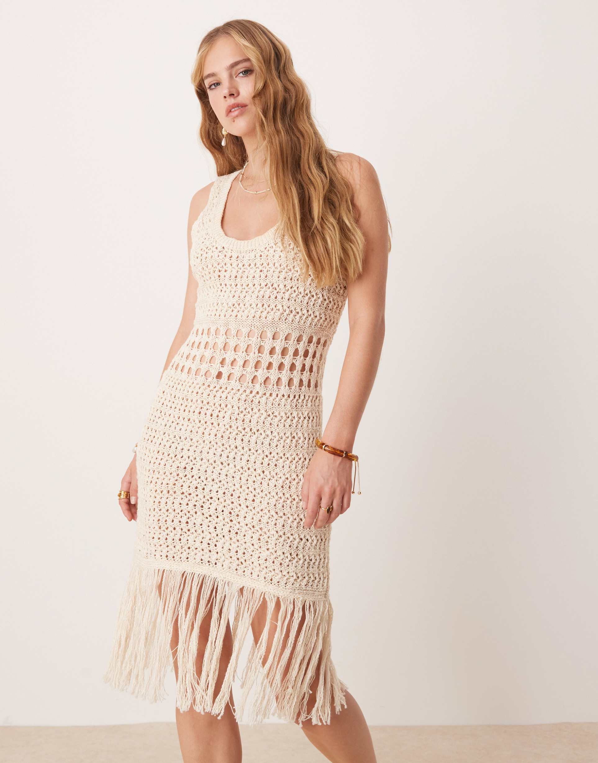 asos design knitted stitch crochet mini dress with fringe detail in stone