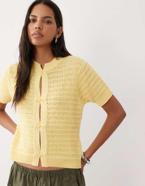 ASOS DESIGN knitted stitch detail short sleeve cardi in buttermilk - view 1