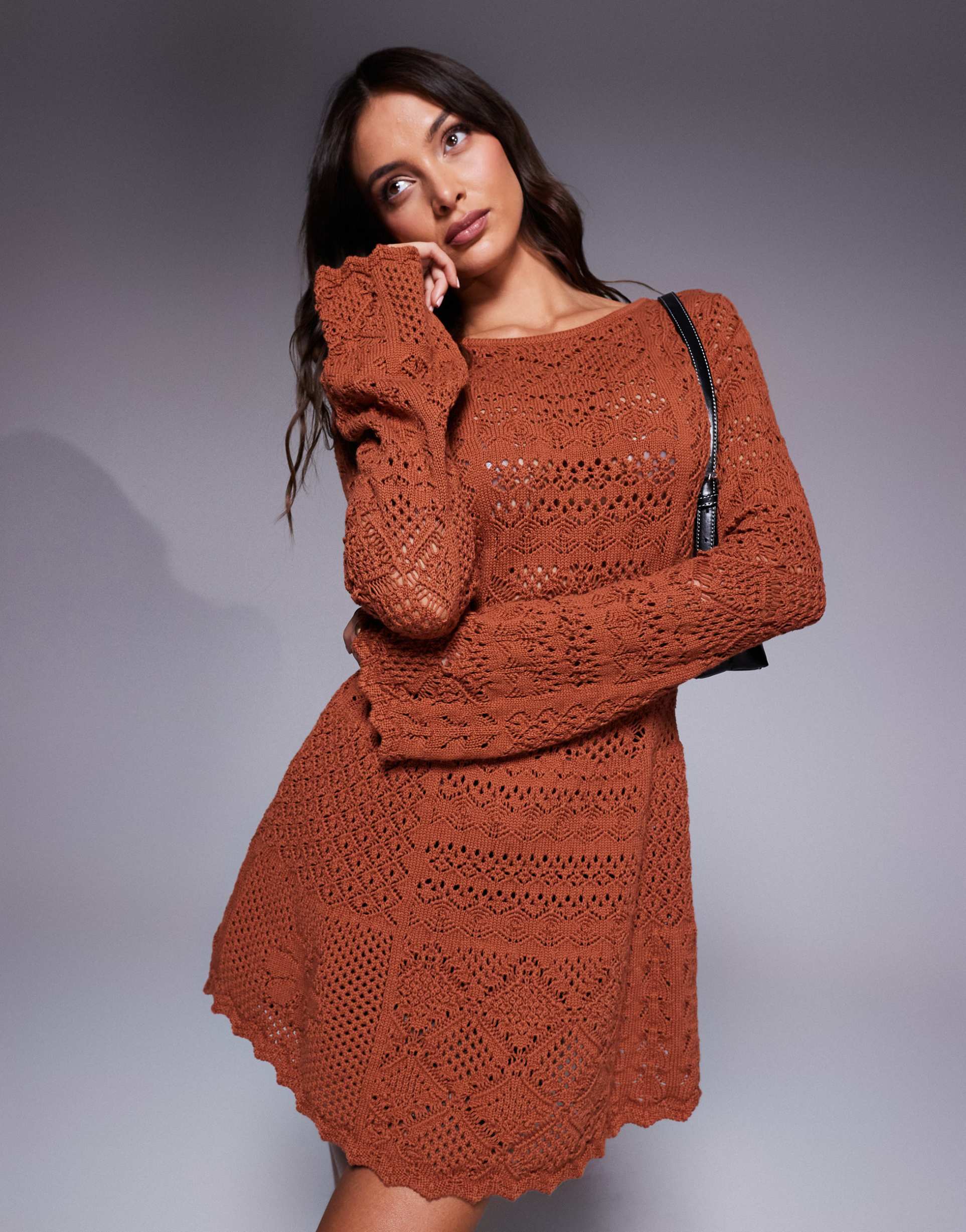 asos design knitted stitch long sleeve mini dress in toffee