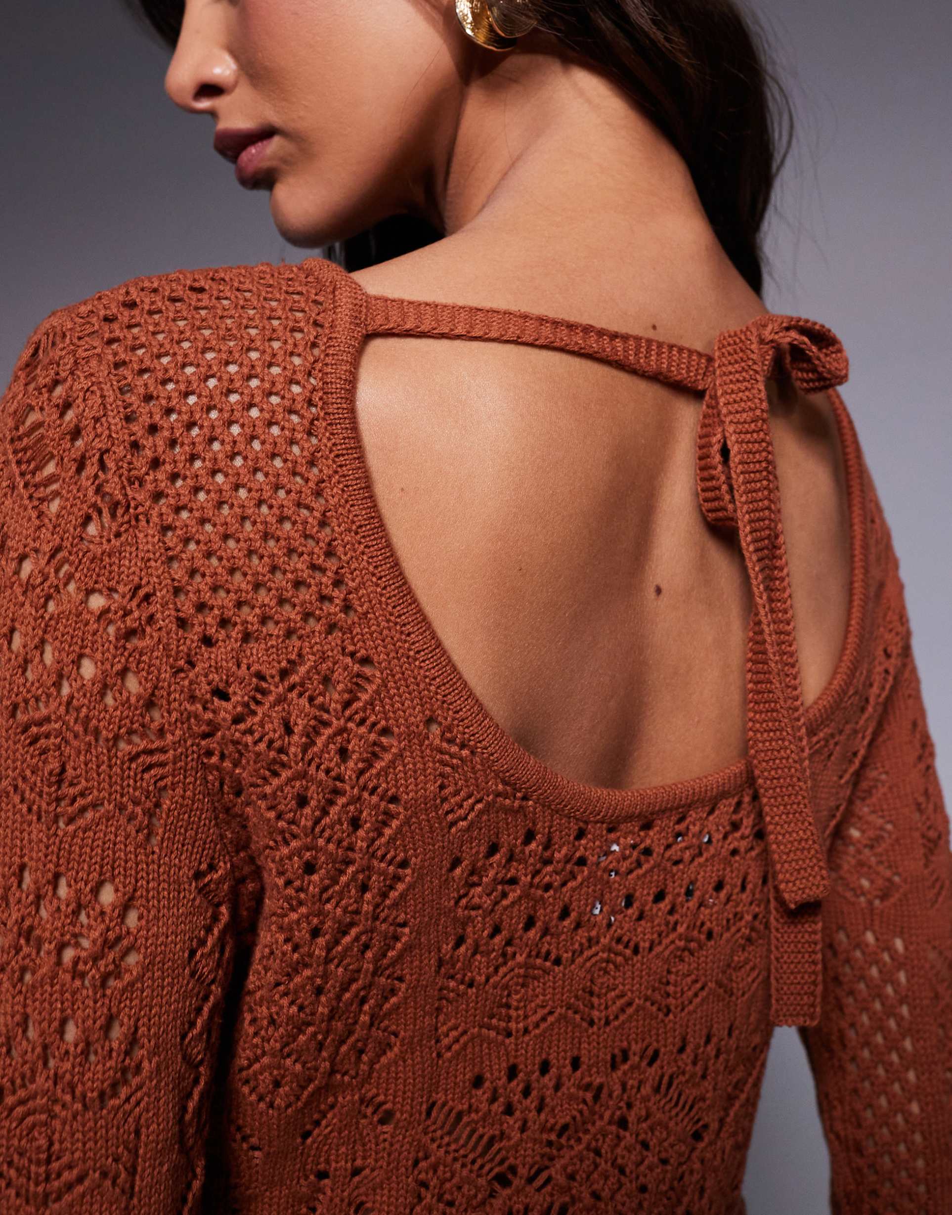 asos design knitted stitch long sleeve mini dress in toffee