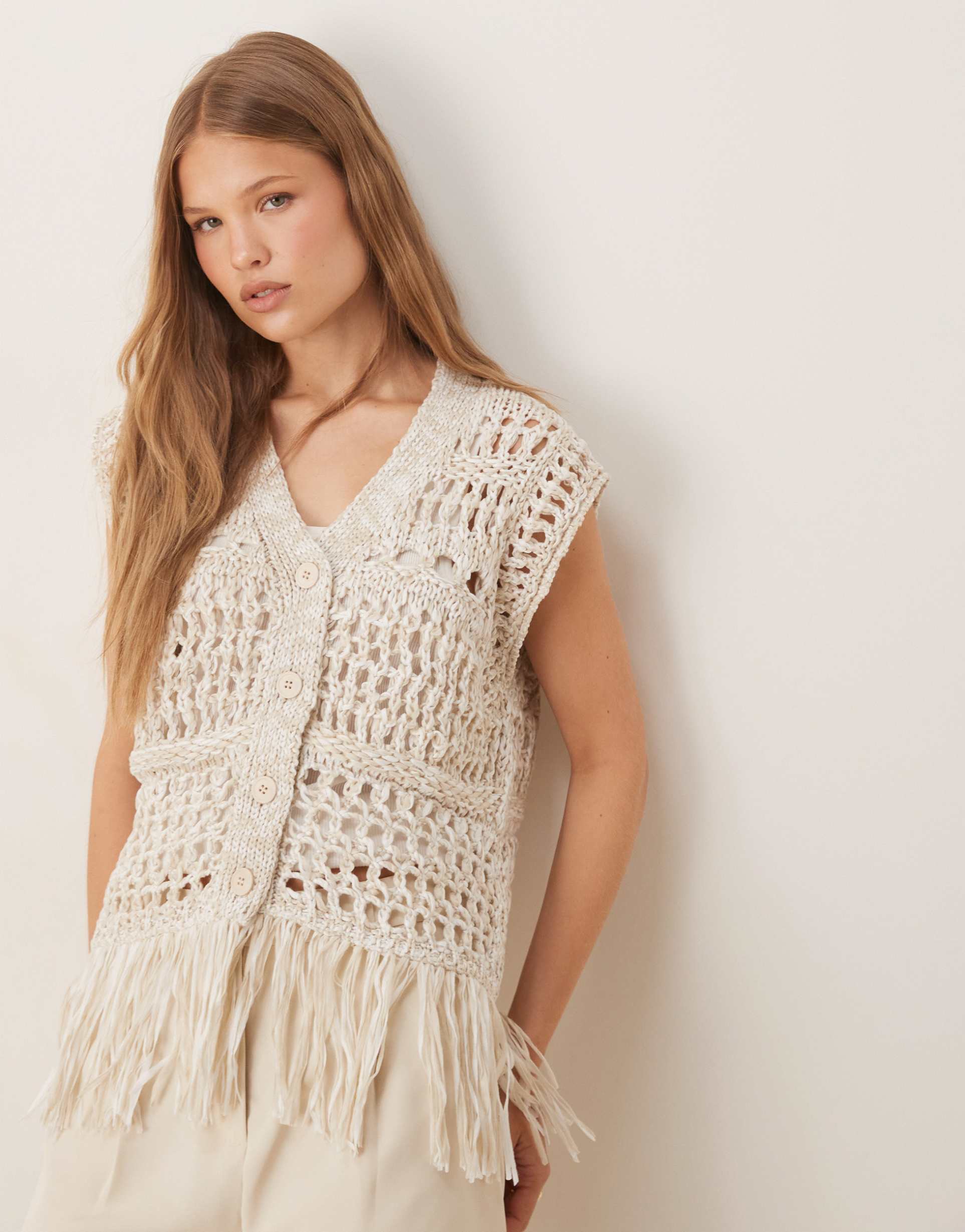 asos design knitted stitch mix crochet fringed multiply button front tank in stone