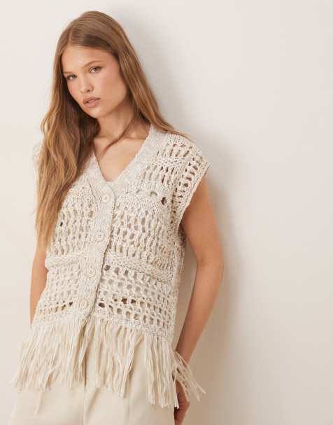 ASOS DESIGN knitted stitch mix crochet fringed multiply button front tank top in stone - view 1