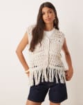 [ASOS DESIGN] ASOS DESIGN knitted stitch mix crochet fringed multiply button front tank top in stone-Neutral S Stone