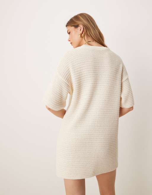 ASOS DESIGN knitted stitch relaxed t-shirt mini dress in ecru | ASOS