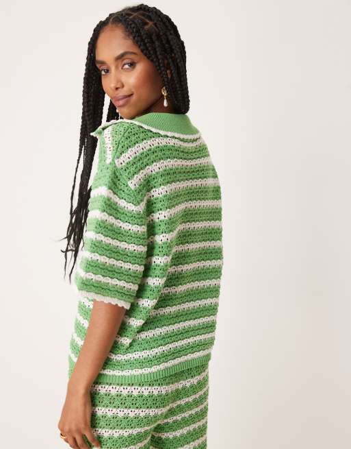 ASOS DESIGN knitted stitch short sleeve polo top in stripe (Part of a set), 4 of 4