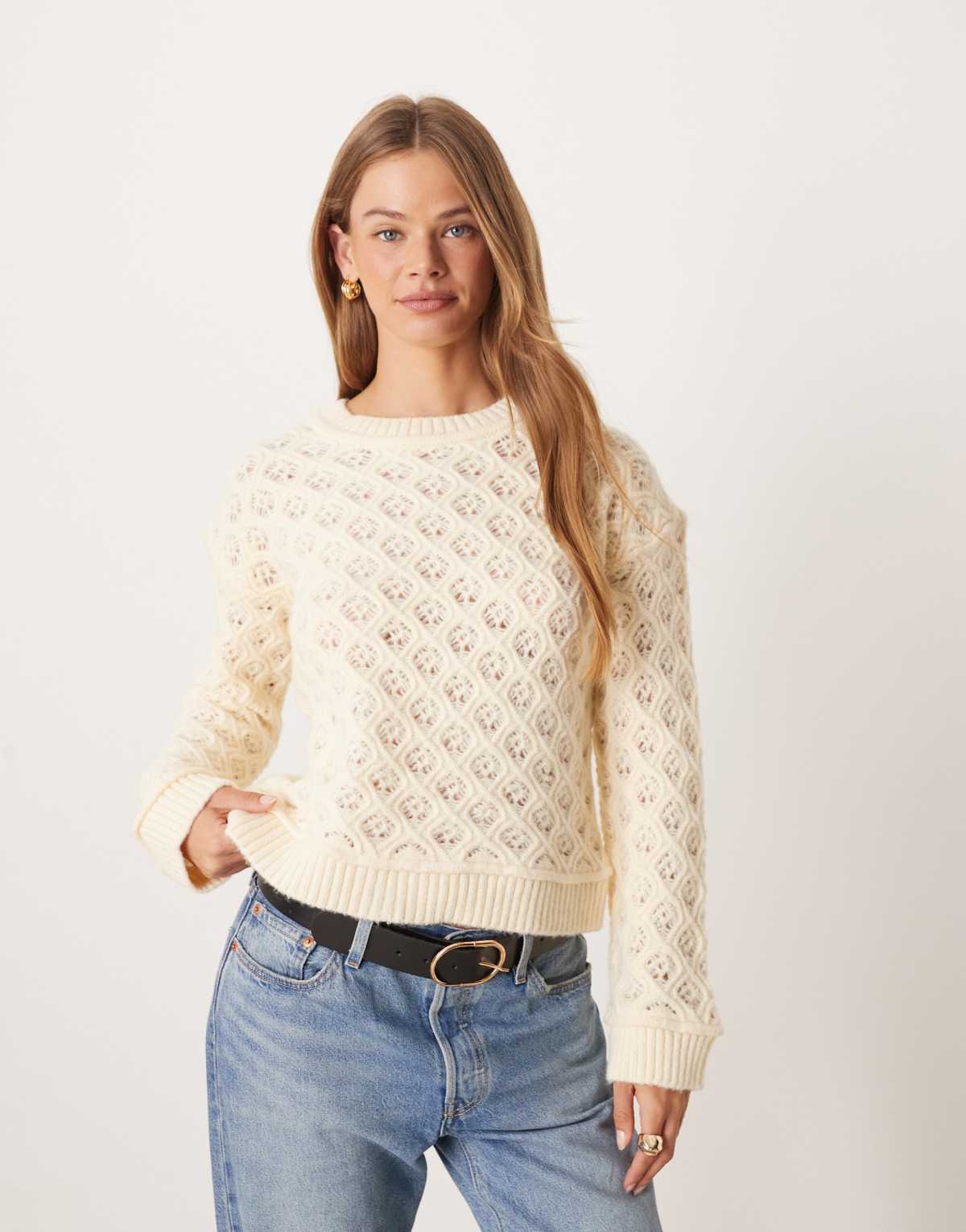 ASOS DESIGN knitted stitchy oversized jumper in ecru
