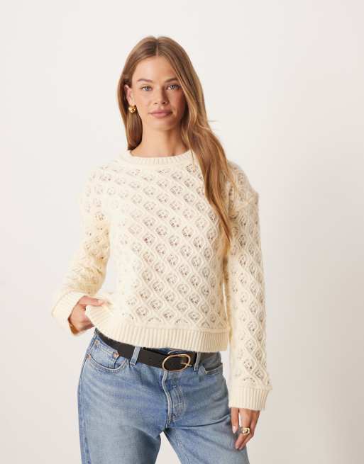 ASOS DESIGN knitted stitchy oversized jumper in ecru