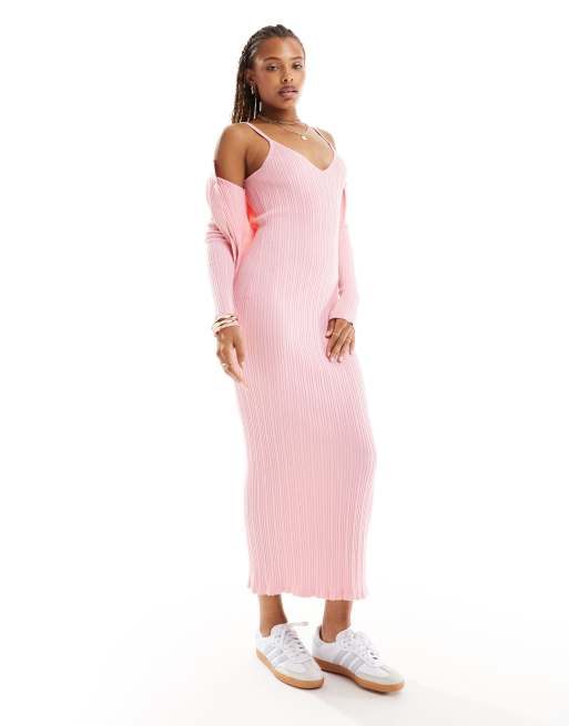 FhyzicsShops DESIGN knitted strappy v neck midaxi dress in pink