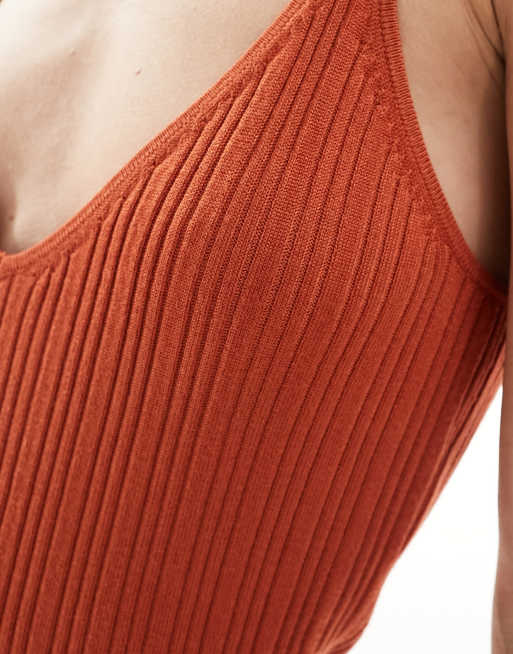 ASOS DESIGN knitted strappy v neck midaxi dress in terracotta, 3 of 4