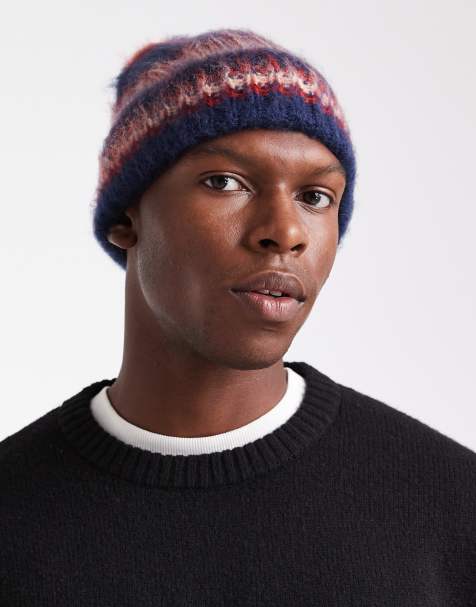 ASOS DESIGN knitted stripe beanie in navy and red - view 1