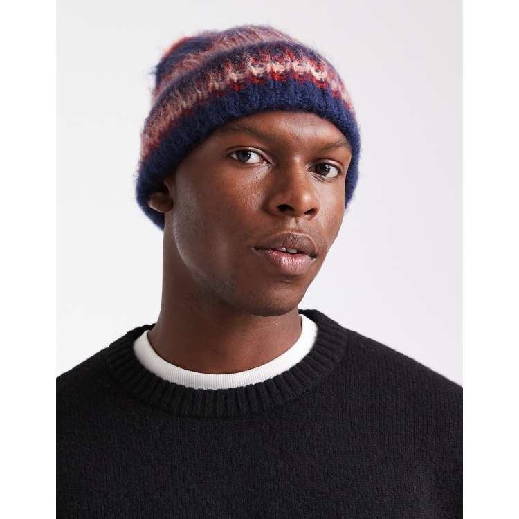ASOS DESIGN knitted stripe beanie in navy and red | ASOS