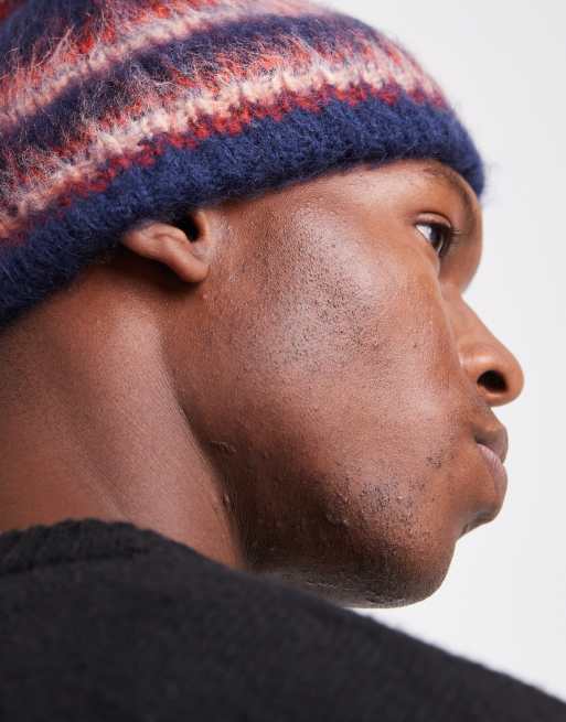 ASOS DESIGN knitted stripe beanie in navy and red