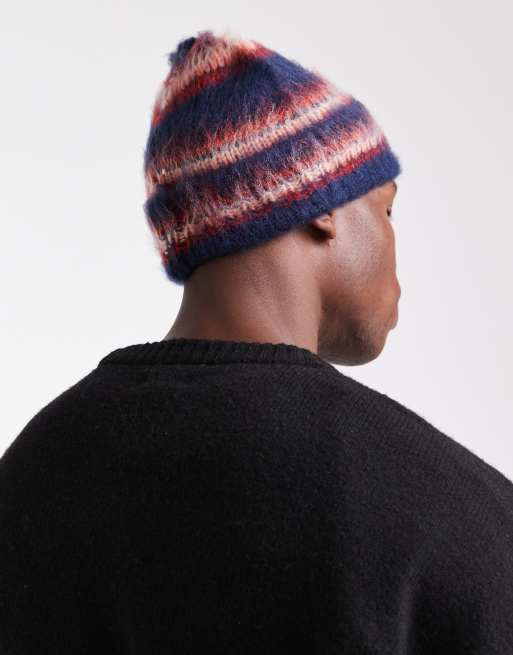 ASOS DESIGN knitted stripe beanie in navy and red
