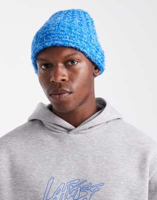 Asos Design Knitted Stripe Boucle Beanie In Blue