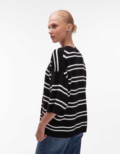ASOS DESIGN knitted stripe compact structured oversized t shirt in black, 2 of 4