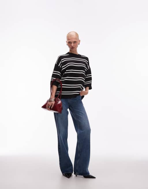 ASOS DESIGN knitted stripe compact structured oversized t shirt in black, 3 of 4