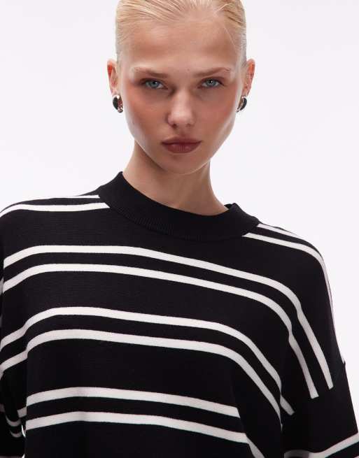 ASOS DESIGN knitted stripe compact structured oversized t shirt in black, 4 of 4