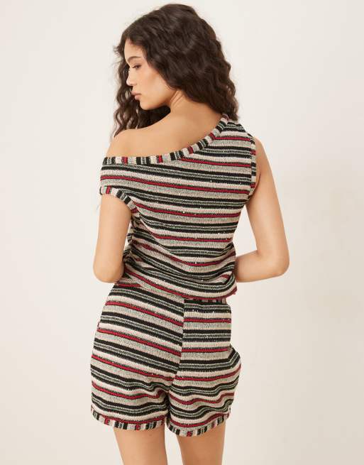 ASOS DESIGN knitted stripe one-shoulder top with sequin detail in red (Part of a set), 3 of 4