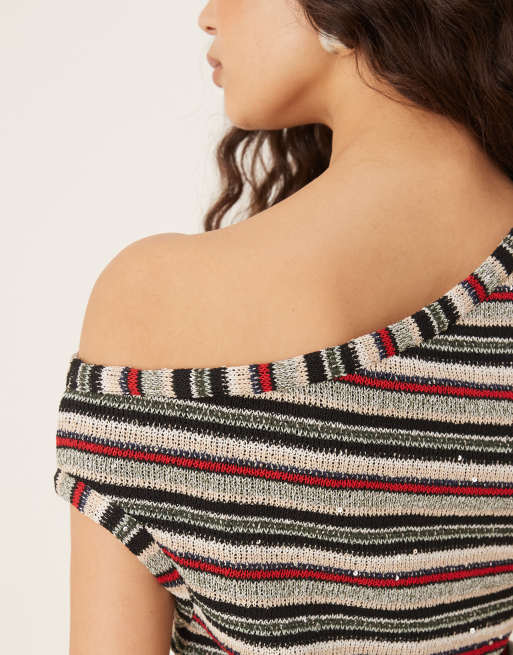 ASOS DESIGN knitted stripe one-shoulder top with sequin detail in red (Part of a set), 4 of 4