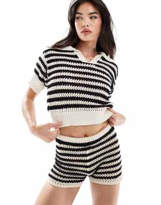 ASOS DESIGN knitted stripe polo top co-ord in mono-Multi