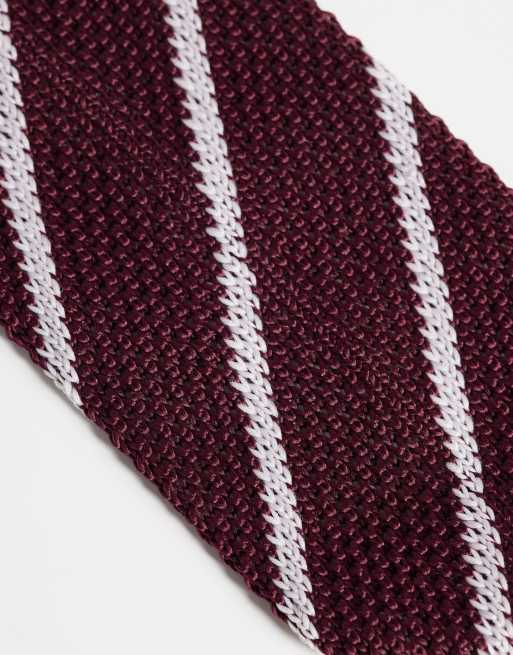 ASOS DESIGN knitted stripe tie in burgundy, 2 of 3