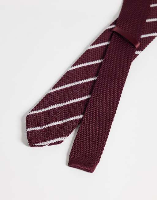 ASOS DESIGN knitted stripe tie in burgundy, 3 of 3
