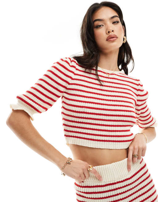 ASOS DESIGN knitted stripe top with frill sleeve in mono (part of a set)