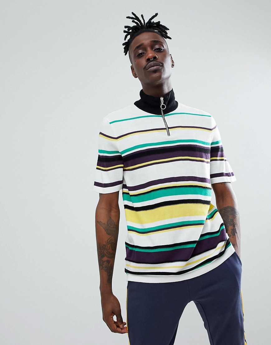 ASOS DESIGN knitted stripe turtle neck t-shirt with zip-Multi